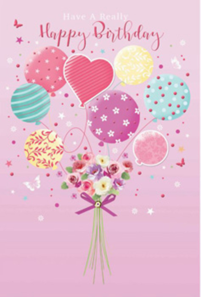 Pastel birthday card artwork portraying an airy bouquet of balloons carrying a small, charming garden of flowers, like a dreamy celebration created for a family gathering in Enfield Wash. The scene is set against a smooth blush-pink background that feels calm and joyful at the same time, allowing every colour in the design to breathe. Balloons in pale sunshine yellow, rosy fuchsia, lavender, and minty green float gracefully upward, as if they've just been released from a party in a garden off Hertford Road. Each balloon bears its own decorative motif: swirling stripes curl around some, others are dotted with tiny confetti-like spots, and a few show soft floral patterns that mimic the blossoms below. From the base of this floating cluster springs a delicate hand-tied bouquet, featuring petite roses and daisy-like blooms whose petals fade from warm cream at the centre to gentle pink and mauve at the tips, like flowers touched by early morning light. The blossoms gather closely, creating a plush, almost cushiony texture, as though they could be cradled in both hands. A rich purple satin bow hugs the stems together, its loops reflective and slightly crinkled, just as you'd see on a freshly tied bouquet ready for birthday delivery around Enfield Wash and nearby neighbourhoods. Around the balloons, tiny butterflies and sparkles drift like daydreams, suggesting a moment frozen in celebration. The light is clear and kind, highlighting the roundness of each balloon and the natural glow of the petals, making the entire image feel like a gentle promise of happiness for the birthday recipient.