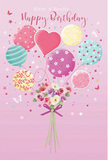 Soft, storybook-style birthday card illustration showing pastel balloons and a sweet floral bouquet, evoking the feeling of a cheerful celebration in Enfield Wash. The background is a velvety, warm pink, providing a serene stage for the rising cluster of balloons that seem to hover in midair, as if caught above the rooftops near Albany Park on a sunny afternoon. Each balloon is different: some swirl with candy-coloured stripes, some dance with playful polka dots, and others feature delicate patterns that echo petals and leaves. A heart-shaped balloon nestles near the centre, glowing gently in rosy tones and quietly symbolising affection. Suspended beneath this airy parade is a neat hand-tied bouquet of small roses and anemone-like blooms in shades of creamy ivory, blush pink, and muted mauve. Their petals are soft and feather-light in appearance, layered closely together as though they've just been arranged by a careful florist's hand. A deep violet bow secures the slender stems, its satin surface gleaming where the light catches, reminiscent of a birthday gift prepared for local delivery by Flowers Enfield Wash. Around the balloons and flowers, tiny stars and fluttering butterflies are scattered like confetti, adding a fairy-tale note to the scene. The overall lighting is bright yet gentle, giving each balloon a delicate sheen and casting subtle highlights along the curves of the petals. The artwork conveys an atmosphere of airy joy and tender thoughtfulness, perfectly suited to sending heartfelt birthday wishes within the Enfield Wash community.